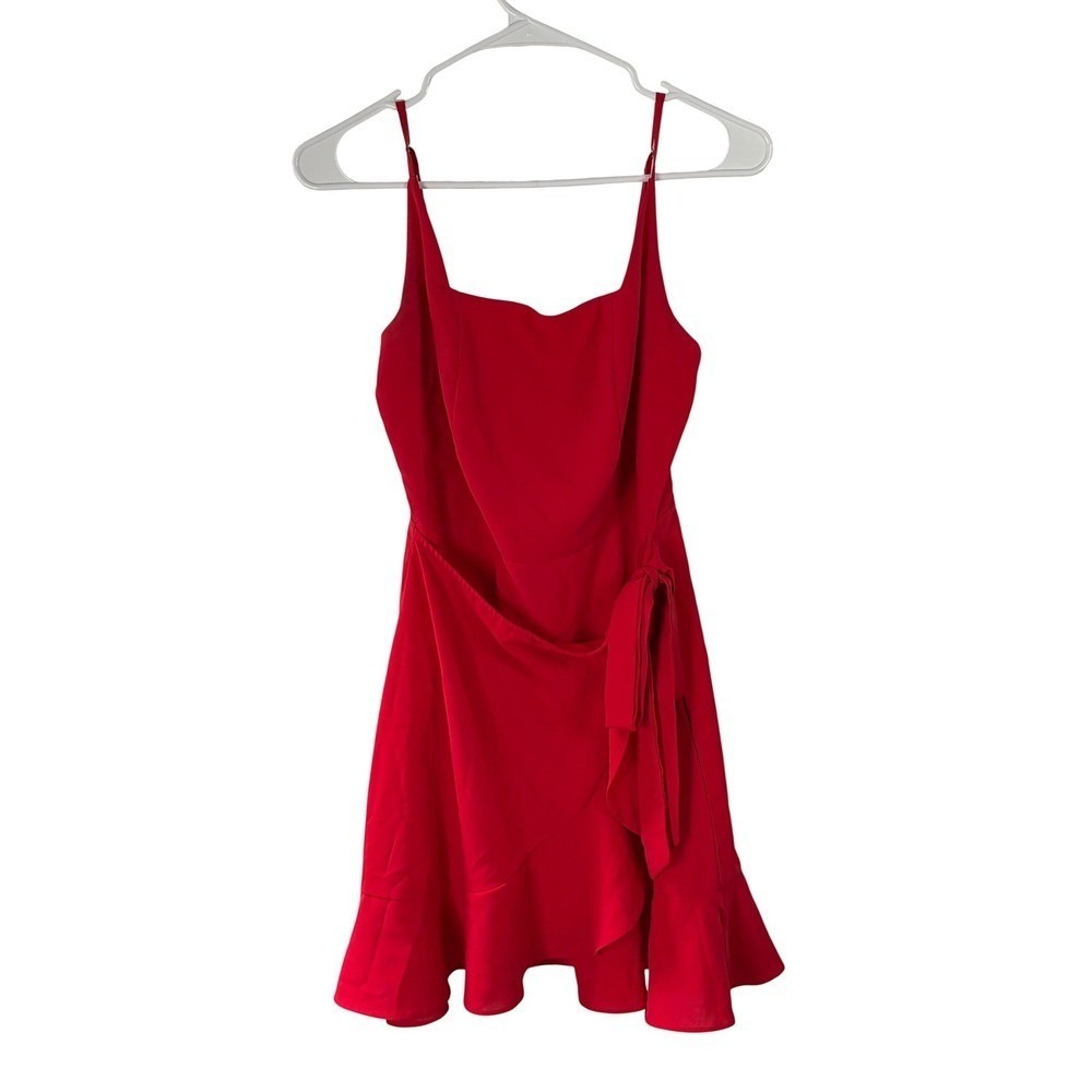 Red Wrap Front Ruffle Hem Mini Dress Adjustable Straps Womens Size S